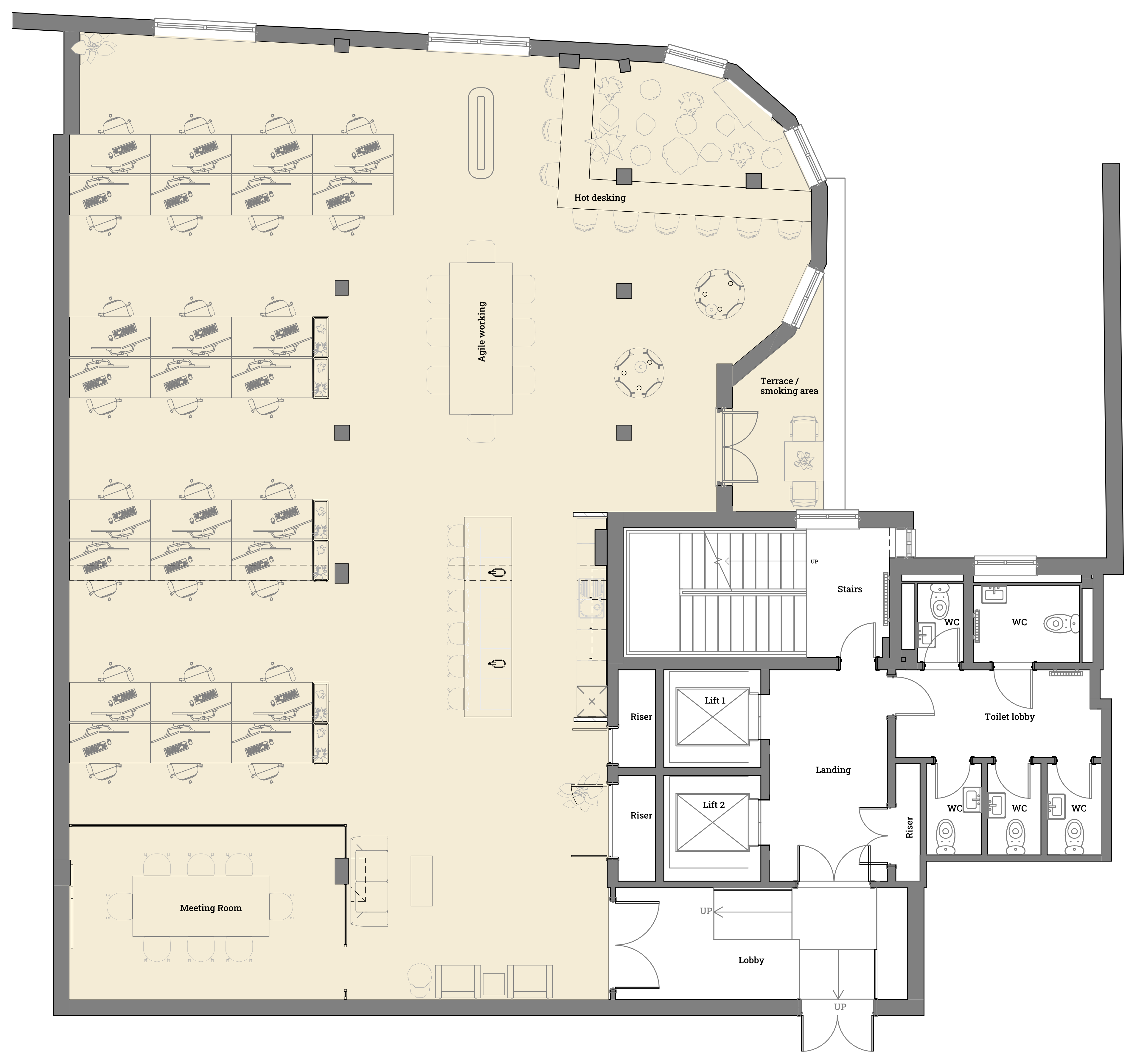 First floor plan showing 24 desks, an 8-person meeting room, agile working, hot desking, teapoint and terrace