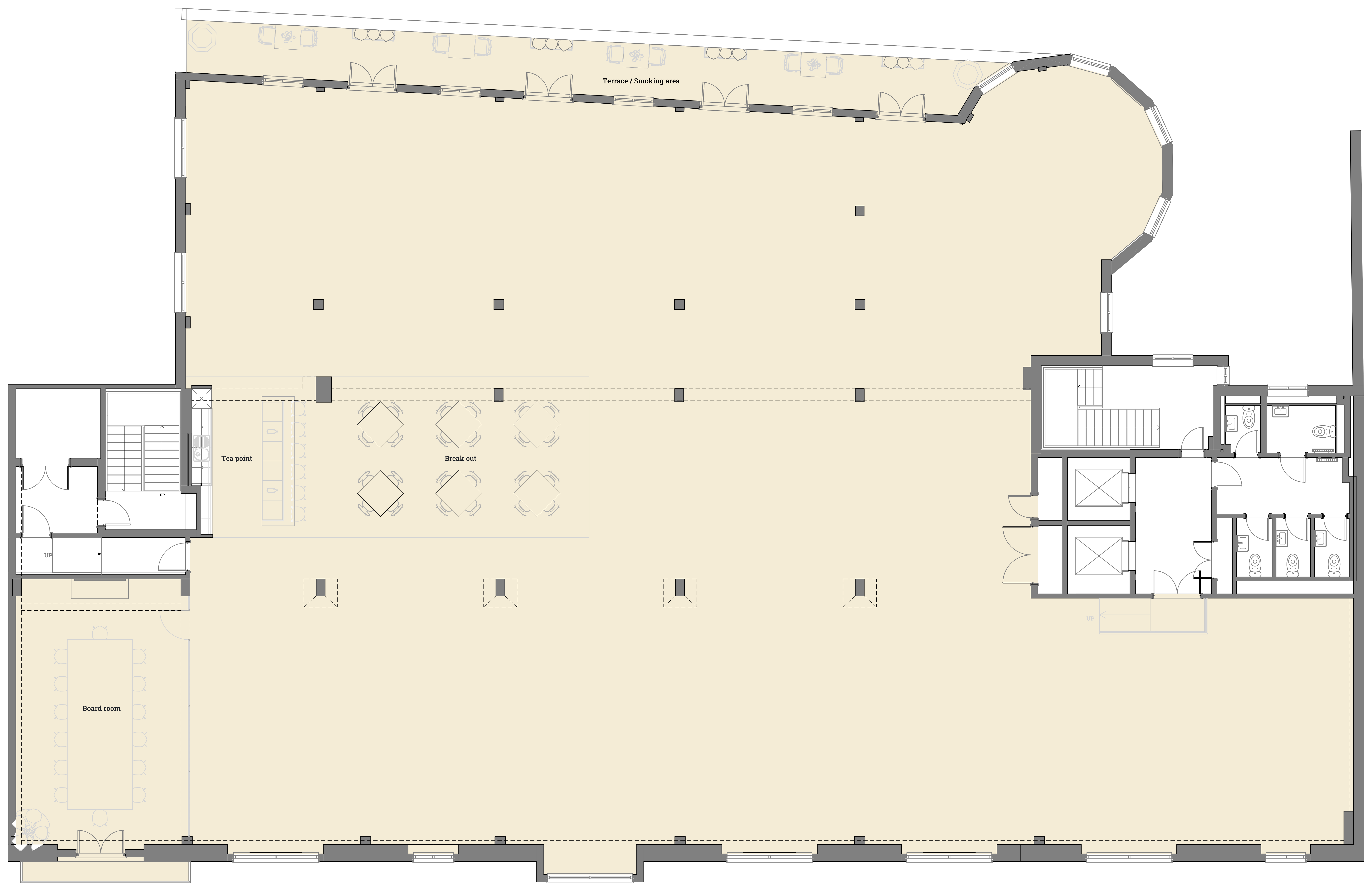Second floor plan showing a 14-person board room, teapoint, break out area, open floorplate and terrace